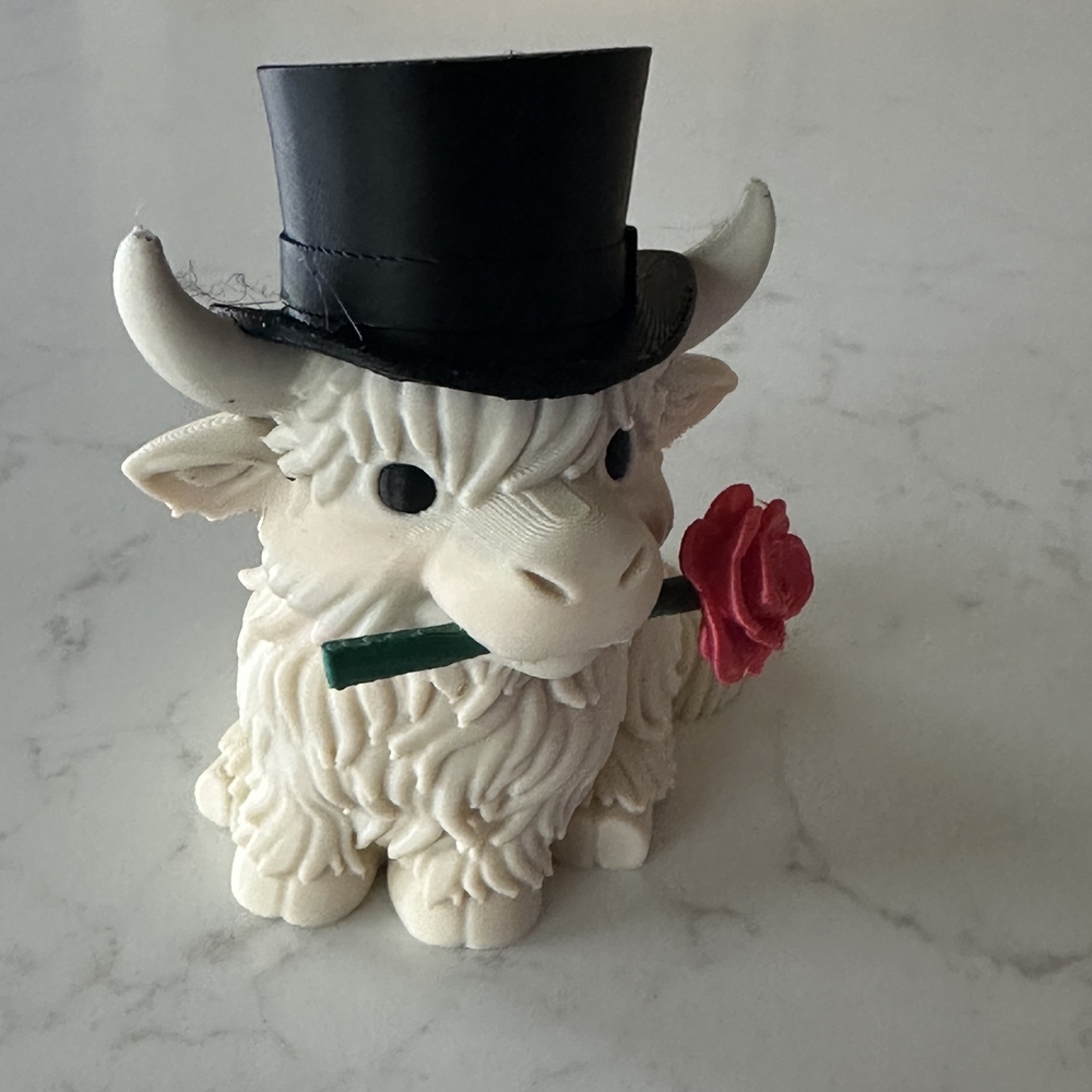 Cute Highland Cow Figurine with Black Hat and Red Rose